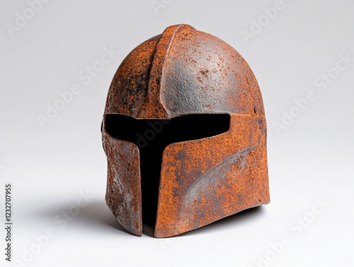 rusted medieval helmet on white background photo