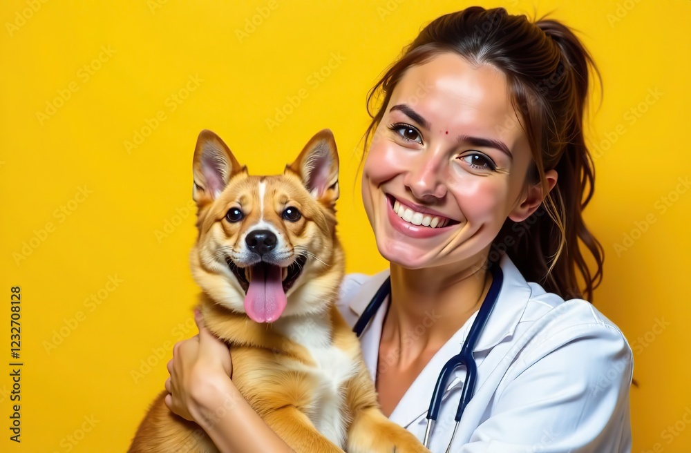 A joyful female veterinarian smiles while holding a content dog and curious cat against a vibrant yellow background, banner, With copy space for text. A joyful female veterinarian smiles while holding a content dog and curious cat against a vibrant yellow background, banner, With copy space for text.