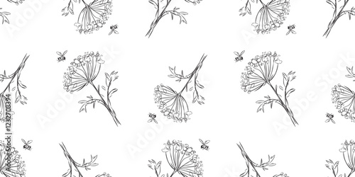 Sealmess pattern of outline hand drawn umbrella plant flower, flying bee, doodle sketch vector, background, paper, textile