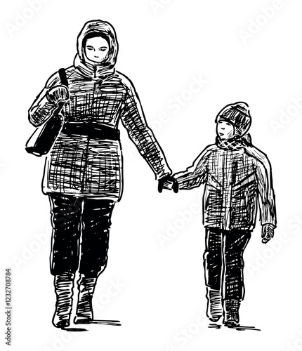Sketch of casual young woman, mother with child walking outdoors, realistic vector hand drawing