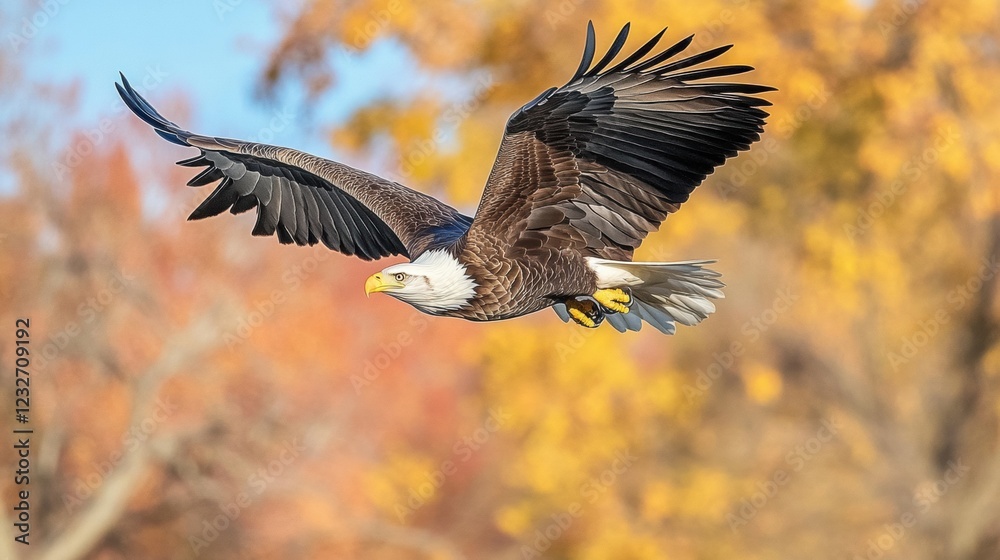 Bald Eagle flying. bird of prey against autumn background, Mountain View sky and tree, yellow grass and forest Bald Eagle flying. bird of prey against autumn background, Mountain View sky and tree, yellow grass and forest