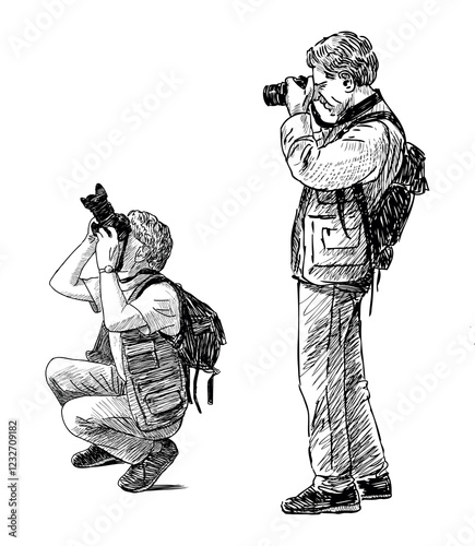 Sketches of elderly photographer with backpack taking pictures on camera, realistic hand drawn vector illustration