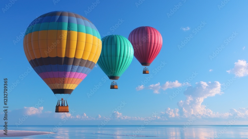 Naklejka premium Colorful Hot Air Balloons Soaring Over a Calm Ocean
