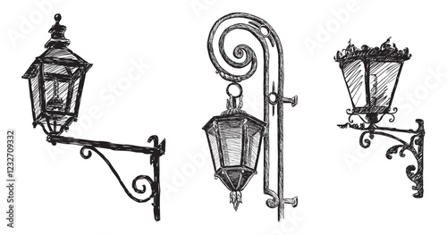 Sketch of vintage street lamp, antique ornate lantern, vector hand drawn illustration