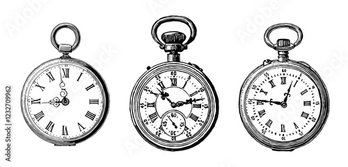 Hand drawn vintage pocket watch, vector illustration isolated on white