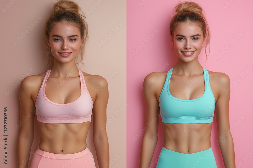 split image featuring woman in pink sports bra on left and blue sports bra on right, showcasing fitness and health. background colors are soft and complementary, enhancing vibrant look split image featuring woman in pink sports bra on left and blue sports bra on right, showcasing fitness and health. background colors are soft and complementary, enhancing vibrant look