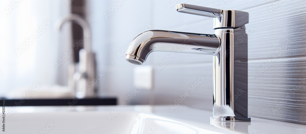 Modern bathroom faucet with sleek design, reflecting light, in a stylish interior setting Modern bathroom faucet with sleek design, reflecting light, in a stylish interior setting