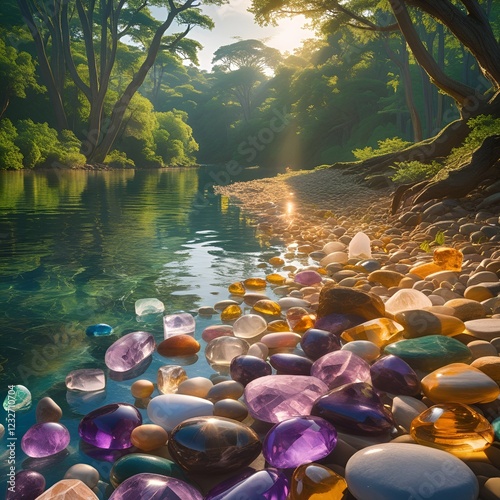 Tranquil Forest Stream with Vibrant Stones Under Golden Light