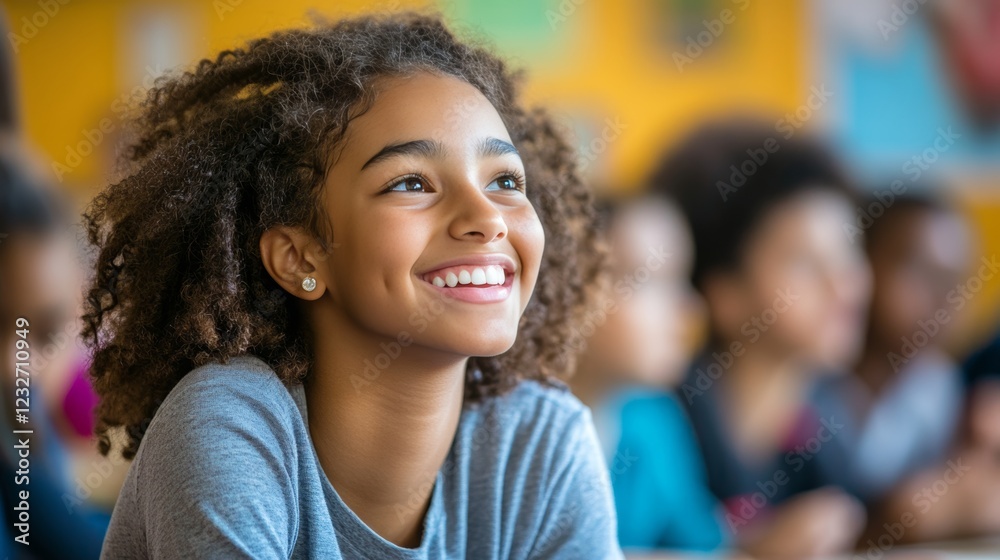 Joyful student engaged in learning amidst concentrated classmates in an inspiring classroom setting Joyful student engaged in learning amidst concentrated classmates in an inspiring classroom setting