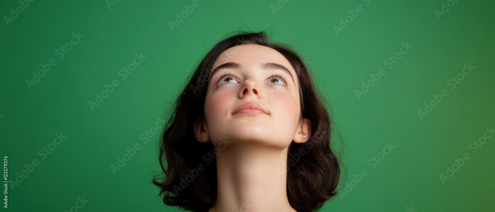 young woman looking up with hope and wonder on a green background young woman looking up with hope and wonder on a green background