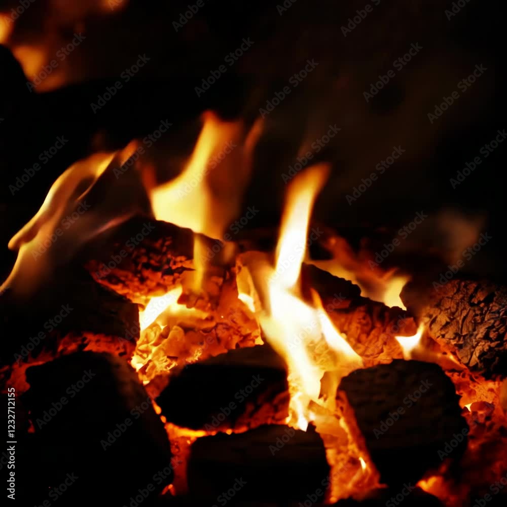 Close up of burning embers creating warm glowing flames in a fireplace, providing cozy atmosphere. Close up of burning embers creating warm glowing flames in a fireplace, providing cozy atmosphere.