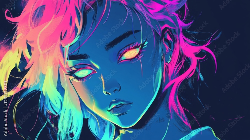 Neon Portrait of a Woman with Bright Pink and Blue Hair Neon Portrait of a Woman with Bright Pink and Blue Hair