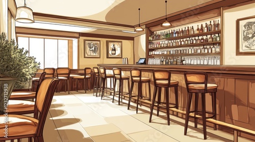 Interior of a cozy bar with a long counter and tables.  Possible use Stock photo for commercial or residential design purposes photo