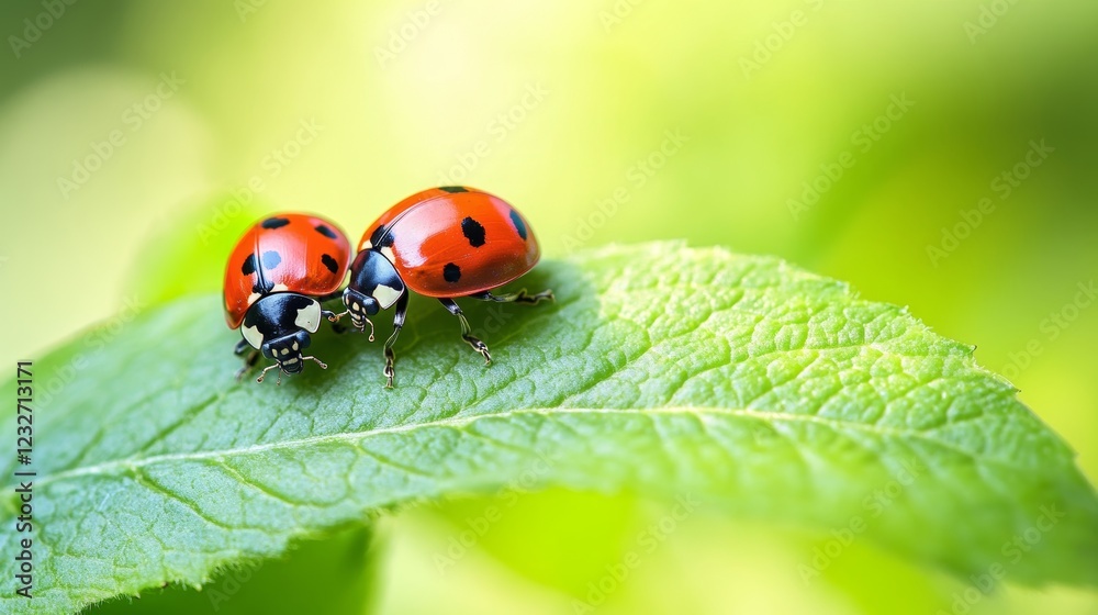 Two ladybugs relaxing on a green leaf surrounded by a tranquil natural landscape Two ladybugs relaxing on a green leaf surrounded by a tranquil natural landscape