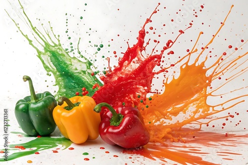 red and yellow peppers in water
Vibrant Bell Peppers with Dynamic Colorful Paint Splashes background 