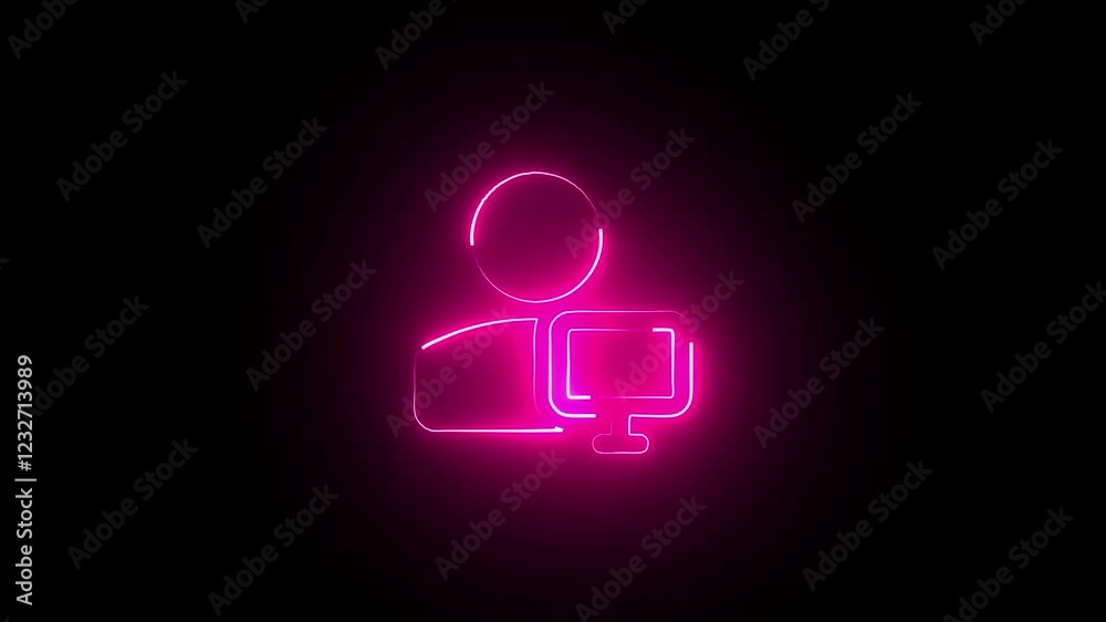 abstrack Neon Computer Workstation Icon.Digital Workspace, and Tech-Focused Remote Work Design on black background.