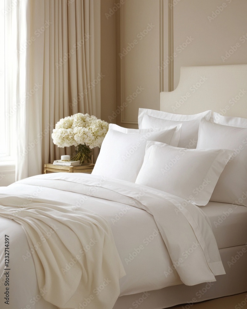 A serene bedroom scene featuring a neatly made bed with white linens, fluffy pillows, and elegant curtains, complemented by a bouquet of flowers on a bedside table. A serene bedroom scene featuring a neatly made bed with white linens, fluffy pillows, and elegant curtains, complemented by a bouquet of flowers on a bedside table.