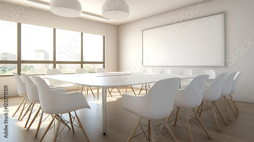 Modern meeting room with white chairs and table, simple style, against large windows, concept of a corporate environment. 3D Rendering photo