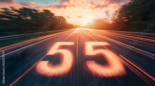 Blazing highway with motion effect and prominent 55 mph limit. Concept of speed management, safe travel and traffic control in visually striking manner