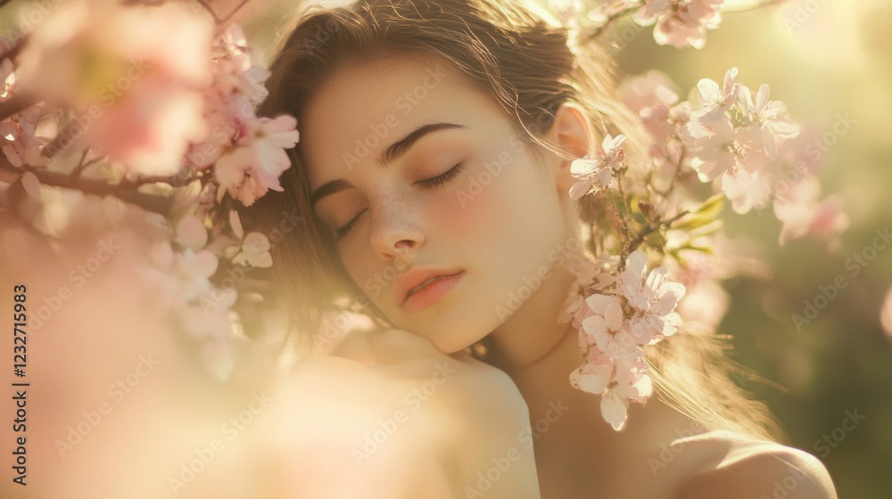 Portrait of a Young Woman Amidst Pink Cherry Blossoms in Soft Sunlight Portrait of a Young Woman Amidst Pink Cherry Blossoms in Soft Sunlight