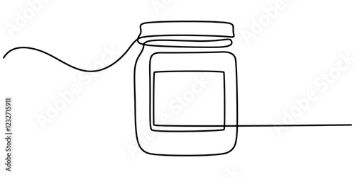 Jar of honey one line continuous. Line art jar of jam. Hand drawn vector art, Glass canning jar in continuous line art drawing style, Food preserve. Minimalist black linear sketch on white background.