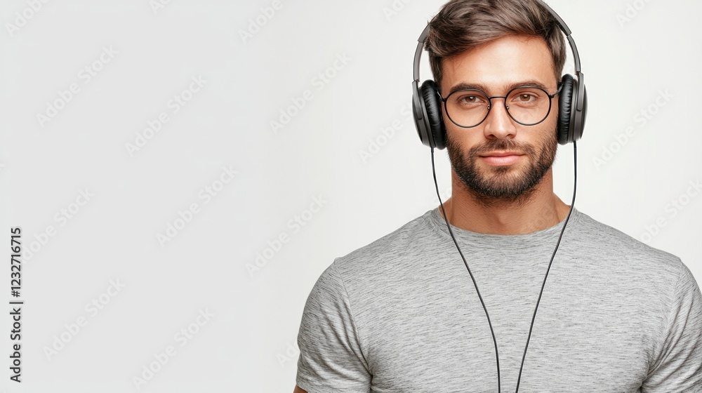 Portrait of a Man Wearing Headphones and Glasses Portrait of a Man Wearing Headphones and Glasses