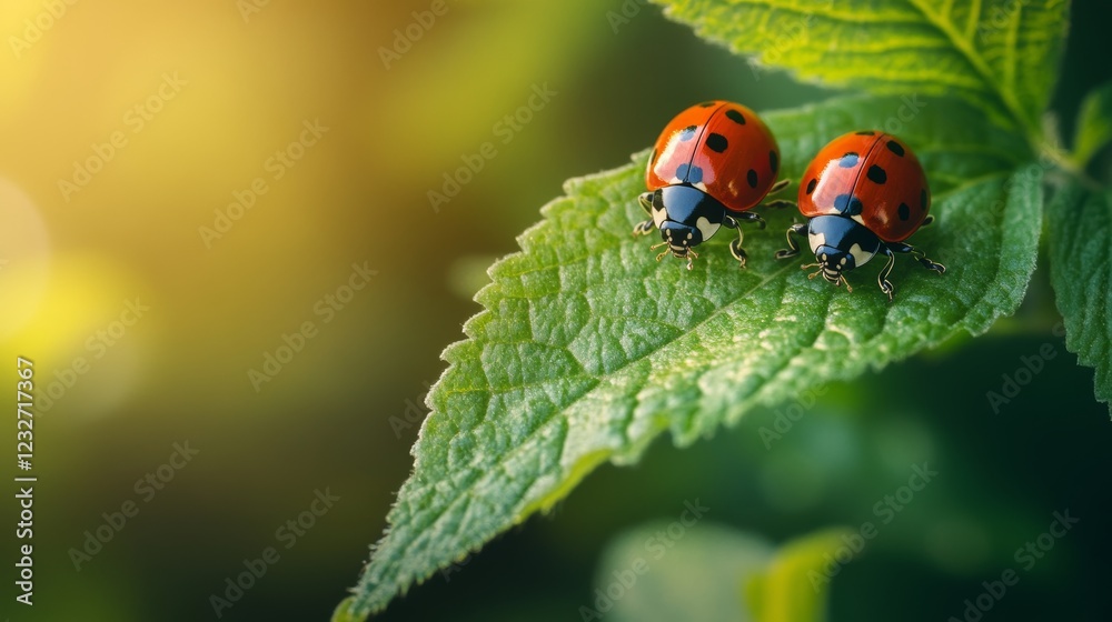 Two vibrant ladybugs leisurely resting on a lush green leaf in a tranquil natural environment. Two vibrant ladybugs leisurely resting on a lush green leaf in a tranquil natural environment.