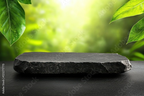 Stone Table for Product Display in Lush Jungle Background - Captivating Advertising Shot photo