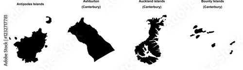 Antipodes Islands, Ashburton, Auckland islands, Bounty Islands outline maps
