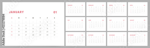 Calendar 2026 Sunday Start, Pink Sleek Style Organizer Template of 2026 Office Calendar 