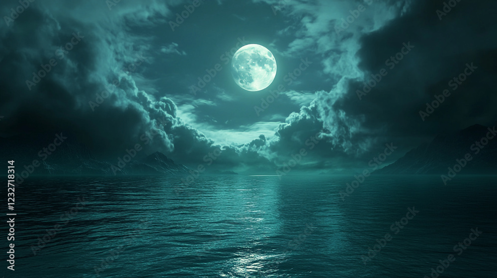 Fototapeta premium Moonlight reflecting on calm water with dramatic clouds at night