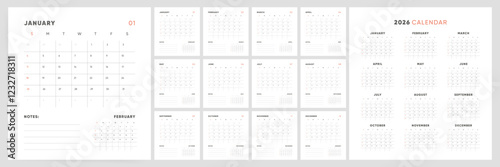 Calendar 2026, Calendar 2026 Sunday Start Minimalist Square Design Template with place for Notes.