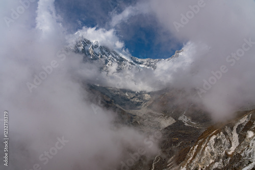 Mountain and Himalaya Landscape View from Kyanjin Ri with Langtang Peak and other mountains in Nepal photo