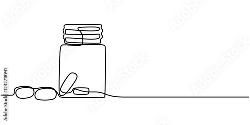 Continuous Line Drawing of Medicine Pills Icon. Hand Drawn Symbol Vector Illustration, Continuous one line drawing of drug bottle, pill bottle. One line drawing illustration of supplements jar. pro.
