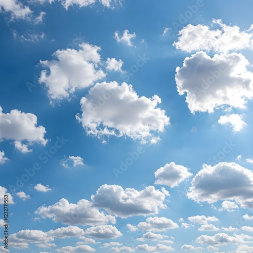 A wide shot of a partly cloudy sky. The sky is a vibrant, clear blue, with scattered, puffy white clouds of various sizes and shapes. The clouds are concentrated in the middle and upper portions  photo