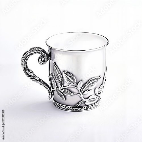 Sophisticated silver-plated cup with intricate leaf motif on a white background
