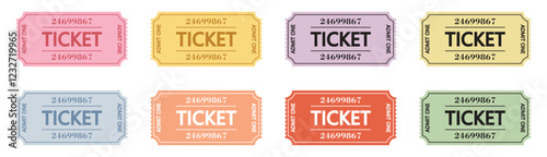 Retro ticket design set template isolated on white background. Admit one. Tickets for cinema, movie, circus, carnival, film, festival, etc. Vector illustration.