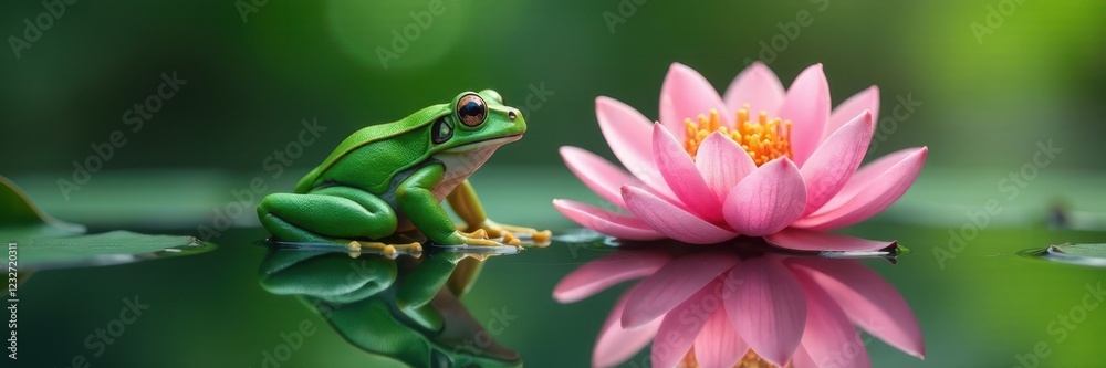 Emerald frog clings to pink bloom above still water's mirror , reflection pool, fauna Emerald frog clings to pink bloom above still water's mirror , reflection pool, fauna