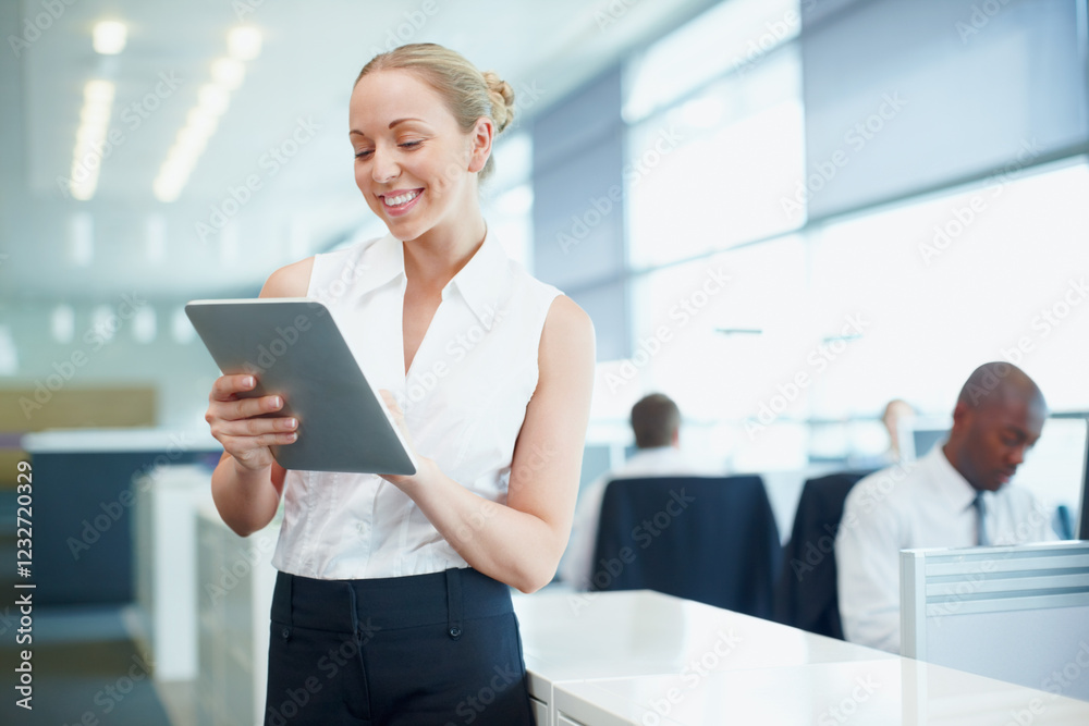 Business woman, tablet and smile for digital project, research or internet report in office. Email update, manager and professional employee happy for finance, accounting or proposal communication Business woman, tablet and smile for digital project, research or internet report in office. Email update, manager and professional employee happy for finance, accounting or proposal communication