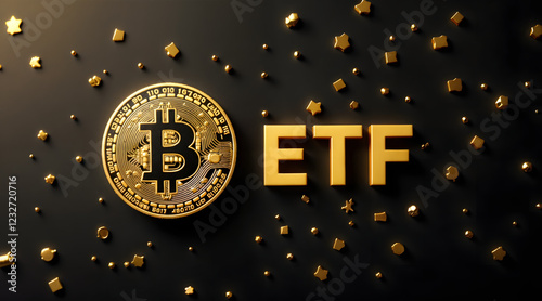 Bitcoin ETF concept with golden cryptocurrency coin on dark background