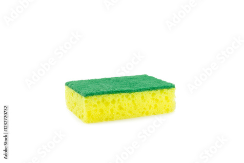 Colorful dish sponges isolated on white background. Kitchen sponge. Cleaning concept, cleaning service. Dishwashing liquid with clean and dirty dishes plate. Place for text, copy space.Wash the dishes