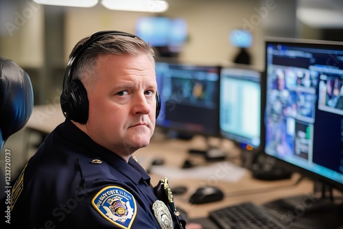 Police officer monitoring screens in dispatch