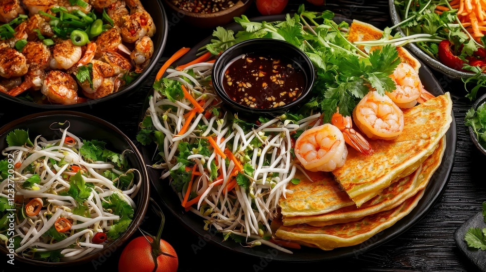 Asian dishes street food soy sauce concept. A vibrant assortment of shrimp, fresh herbs, and pancakes served with dipping sauce, showcasing a delightful culinary spread. Asian dishes street food soy sauce concept. A vibrant assortment of shrimp, fresh herbs, and pancakes served with dipping sauce, showcasing a delightful culinary spread.