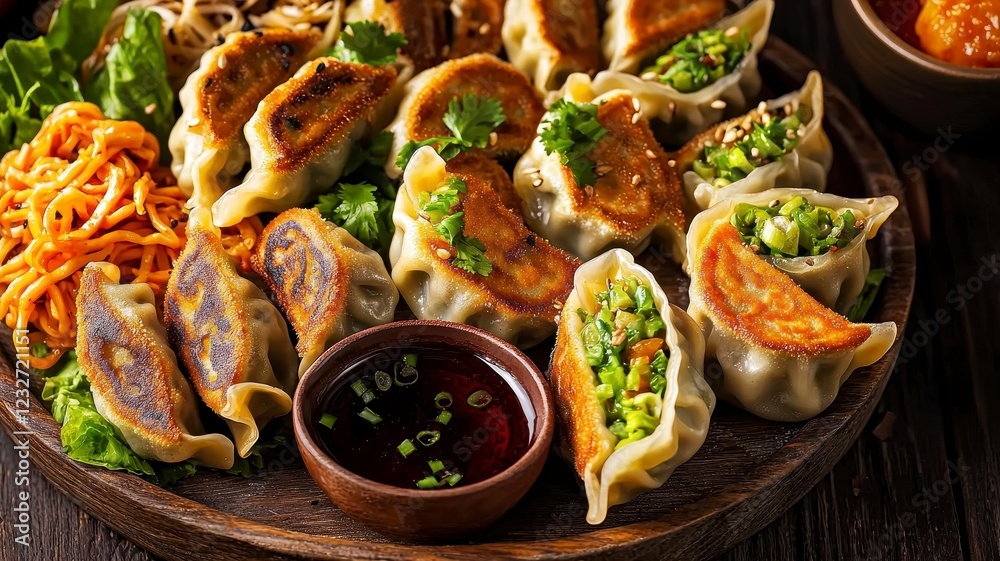 Asian dishes street food soy sauce concept. A vibrant platter of assorted dumplings, garnished with herbs, accompanied by dipping sauce and vegetables. Asian dishes street food soy sauce concept. A vibrant platter of assorted dumplings, garnished with herbs, accompanied by dipping sauce and vegetables.