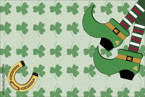 Fun design of shamrocks with horseshoe and leprechaun legs