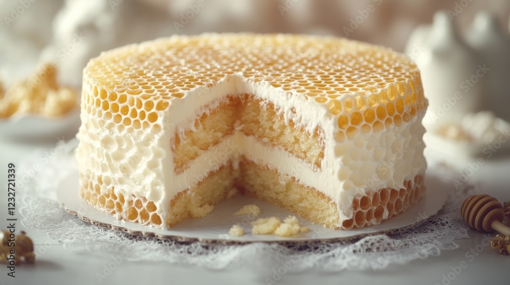 Honeycomb cake with creamy frosting, a slice removed, on a lace doily. Honeycomb cake with creamy frosting, a slice removed, on a lace doily.