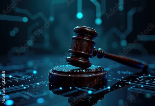 A close-up of a gavel on a sound block, rendered in a futuristic, digital style with glowing particles and a circuit board background.