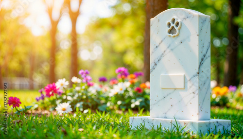 Elegant polished granite pet memorial stone with flowers in a peaceful park setting with blank nameplate
 photo