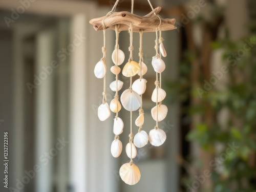 Natural Seashell Wind Chime Hanging from Driftwood