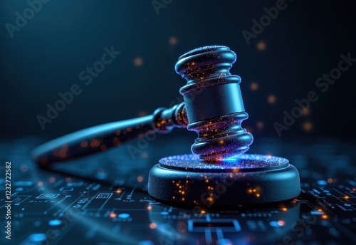 A close-up of a gavel on a sound block, rendered in a futuristic, digital style with glowing particles and a circuit board background.